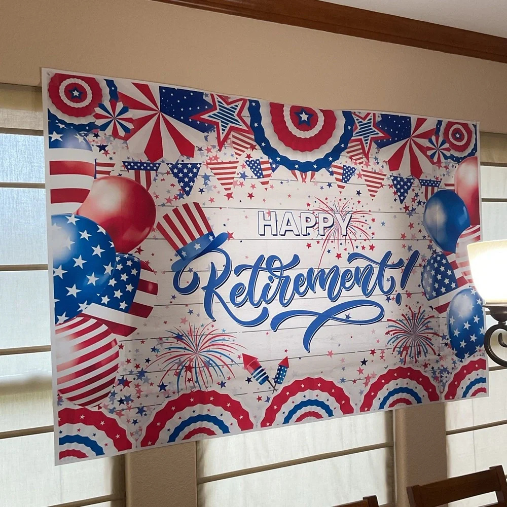 Patriotic Military Retirement Party Photo Backdrop Banner & Star Streamers Decor